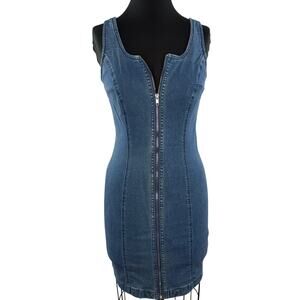 Vintage Y2k 90's RB Rainbow Collection Blue Bodycon Dress Denim Full Zip Sz 6 S